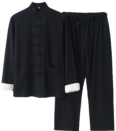GVILTY Cotton Linen Tai Chi Uniform Shirt Pants - Qi Gong Martial Arts Kung Fu Clothing (Black,4XL)