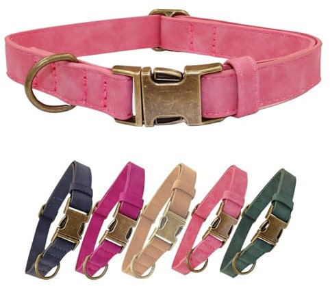 THAIN Soft Leather Dog Collar, Heavy Duty Metal Buckle Padded Dog Collar Quick Release, Adjustable Pet Collar for Small Medium Large Dogs Breeds (Pink, L)