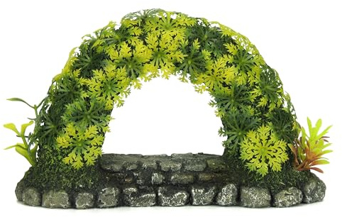 CLASSIC Small Stone Arch with Plants Aquarium Ornament - 195 x 70 x 115 mm | Hand-Painted Resin Decoration for Freshwater Fish Tanks & Aquascapes