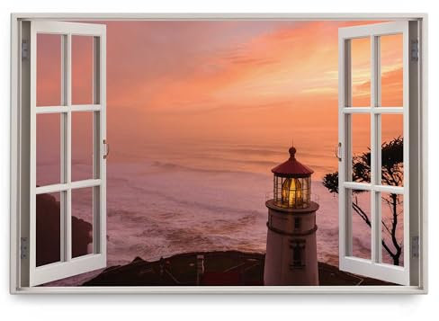 Paul Sinus Wandbild 120x80cm Fensterbild Meer Wellen Horizont Leuchtturm Abendrot Sonnenunterhang