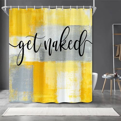 Wathon Rideau de douche en tissu jaune ombré amusant avec crochets - Motif graffiti - Style moderne et chic - Jaune moutarde et gris - 183 x 183 cm