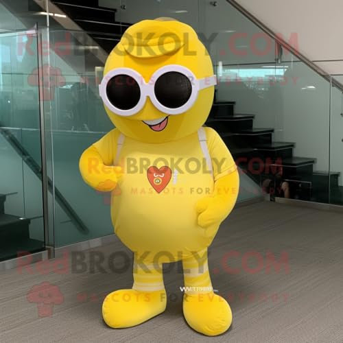 REDBROKOLY Giallo limone cuore mascotte personaggio costume vestito con una tuta e occhiali da lettura