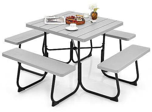 GIANTEX Gartenmöbel Picknicktisch Set 8 Personen, Bierzeltgarnitur Gartentisch mit 4 Bänken, Biertisch mit Schirmloch, Garten Sitzgruppe wetterfest aus HDPE, Bierbankgarnitur Biertischgarnitur