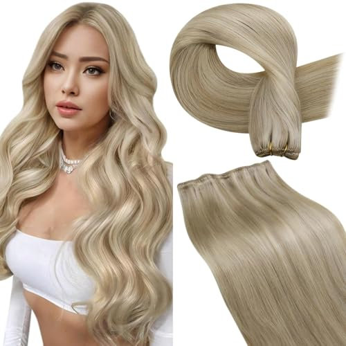 LaaVoo Extensions Echthaar Tressen Zum Einnähen 60cm Blond Echthaar Extensions Haartressen Goldblond Highlight Mittelblond Sew in Weft Hair Extensions Echthaar Glatt #P16/22 100g