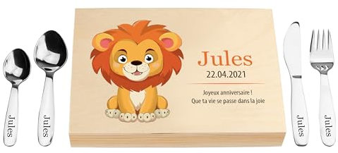 LAUBLUST Couverts pour Enfants gravés - Coutellerie dans boîte en Bois imprimé, Naturelle - Couverts avec prénom | Cadeau de baptême pour Enfants | Couverts de Table en INOX (Lion)