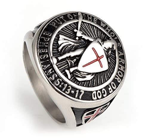 Ornamente für Ringe, ausgefallener Ritterschildring, gotischer Templer- und Rotkreuz-Design-Edelstahlring für Männer, Silber, 9
