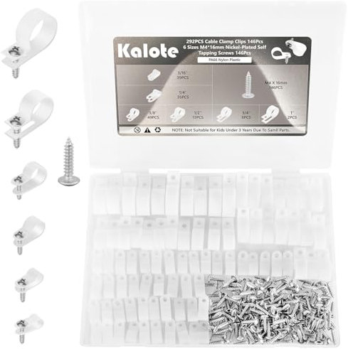 292PCS Cable Clamps, Cable Clips for Cable Management Cord Organizer, 6 Sizes-3/16'' 1/4'' 3/8'' 1/2'' 3/4'' 1'' White PA66 Nylon R-Type Plastic Screw Mounting Cord Clamp Assortment Kit with M4 Screws
