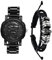 JewelryWe Herrenuhr Lederarmband Halloween 2er Set: Steampunk Schwarz Totenkopf Schädel Analog Quarz Edelstahl Armbanduhr mit Verstellbar Geflochten Leder Armband Uhr Armreif Schmuckset für Herren