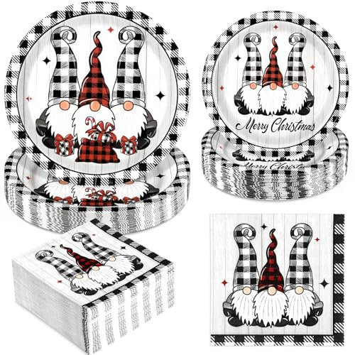 Homlouue 200 PCS Christmas Plates and Napkins, Gnome Plates and Napkins, Christmas Plates Disposable, Christmas Paper Plates and Napkins for Christmas Party Dinner Xmas Winter Holiday Decorations