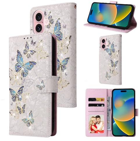 UEEBAI Wallet Case for iPhone 16 Plus 6.7, PU Leather Phone Case Kickstand RFID Blocking Flip Case Card Slots Wrist Strap Relief Engraved Pattern Magnetic Closure Folio Case - Blue Butterfly