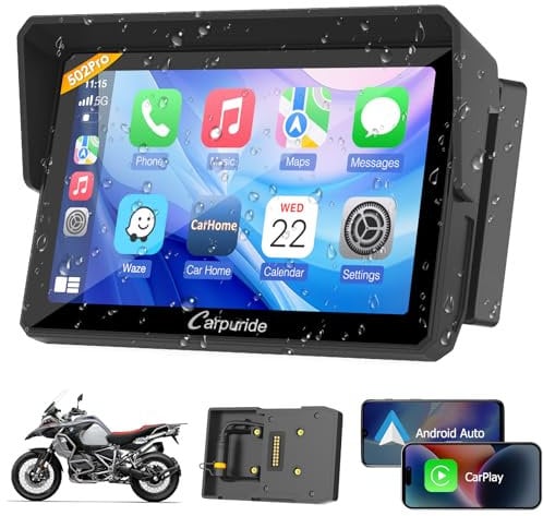 Carpuride W502B Pro para Moto B.-M-.WCarPlay y Android Auto y Bluetooth Dual, Navegación Impermeable de 5 Pulgadas para Moto, Compartir Música, Intercomunicador, Sensor de Luz, Brújula, Barómetro