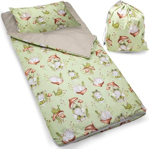 PinkZebra Schlafsack Kinder 140 x 75 cm + Kissenbezug 60 x 40 cm & Beutel, Indoor für Kindertagesstätte Kindergarten Deckenschlafsack, 3-8 Jahre (bis 135 cm Kindergröße), Öko-Tex, Frosch & Freunde