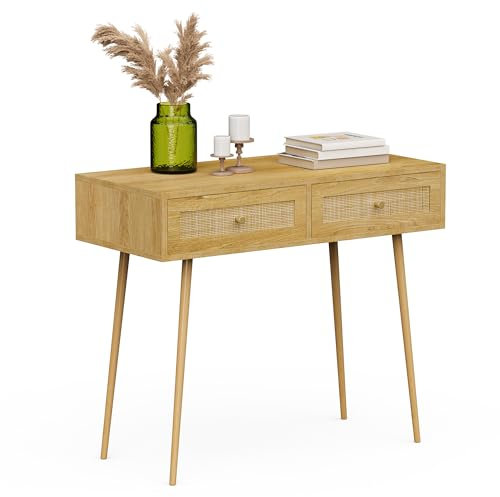 VonHaus Dressing Table with Natural Rattan Drawers - Bedroom Vanity Storage Desk for Makeup & Skincare - Hallway or Living Room Console Table - Boho Computer Desk with 2 Drawers for Home office
