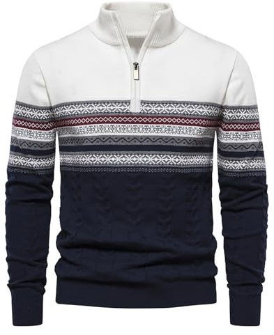 Genfien Jersey para Hombre Cuello Alto con Cremallera 100% algodón | A Rayas,Suéter de Punto,Cálido,Navidad