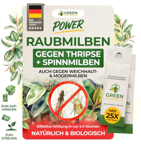 GREEN GUARDIA Power Raubmilben Mix gegen Thripse & Spinnmilben– 25 Mix mit 50 Tüten -Biologisches Mittel zur effektiven Thripse Bekämpfung–Umweltfreundlich, chemiefreie Mittel,einfache Anwendung