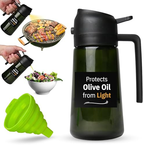premium Oil Sprayer for Cooking, with a funnel, Dark Green glass 2 in 1 Olive Oil Dispenser Bottle ,16oz olive oil spray for food kitchen grade Oil for Air Fryer, Salad, Frying, BBQ (Light Blockage)