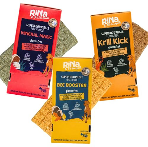 Superfood Hundekuchen Probierpaket – 3 Boxen à 10 Riegel – Mit Krill, Lamm & Pferdefleisch – Schonend gebacken, Soft & gut verdaulich – Hundesnacks für alle Rassen, getreidefrei – von RiNa