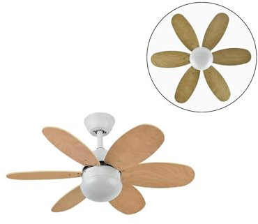 blendend Ventilateur DC blanc 6 pales réversible, 41 x 85 cm, télécommande, minuteur, idéal pour climatisation et confort dans les espaces intérieurs.