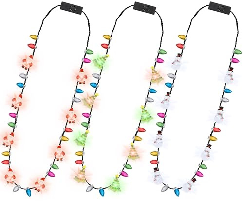 3PCS Light Up Christmas Necklace, 3 Glow Modes Multicolor Xmas Accessories, 3 Kinds of Party Favors, Santa Claus Snowman Tree Designs, Xmas Light Decorations for Ugly Sweater Festive Party Supplies