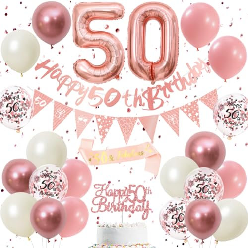 50th Birthday Decorations Retro Pink Rose Gold - Double Digits 50 Party Supplies Set for Women & Girls, birthday Banner, Pennant Flags, Cake Topper, Balloon Assortment (50th Pink Birthday Set)