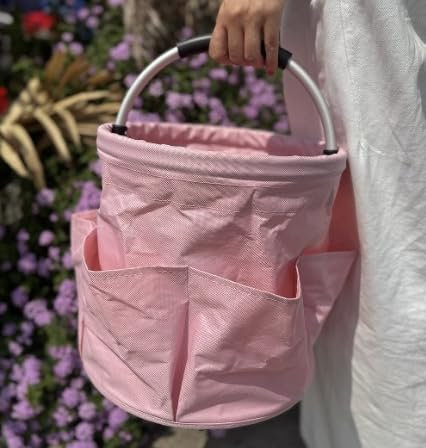 BTBHIHO 17L Cleaning Caddy, Pink Portable Collapsible Organizer with 6 Storage Pockets, Waterproof Handle Basket, Multi-purpose Storage for Household & Office Cleaning Supplies