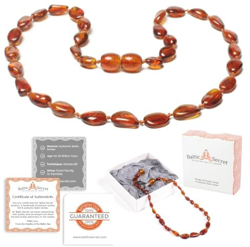 Bernsteinkette - Handgefertigte Bernstein Kette für Damen, Herren, Kleine & Erwachsene - Naturschmuck, Edelsteinketten Geschenkidee, Ostsee Schmuck, Glücksbringer (COGNAC, 33 CM)