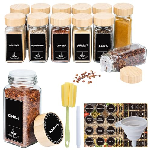Gewürzgläser Eckig 12er Set 120ml, Gewürzdosen mit Streueinsatz, luftdichtem Schraubdeckel, Inkl. Trichter, Etiketten, Marker & Reinigungsbürste, Gewürzbehälter Glas für Küche & Schublade, HolzDeckel
