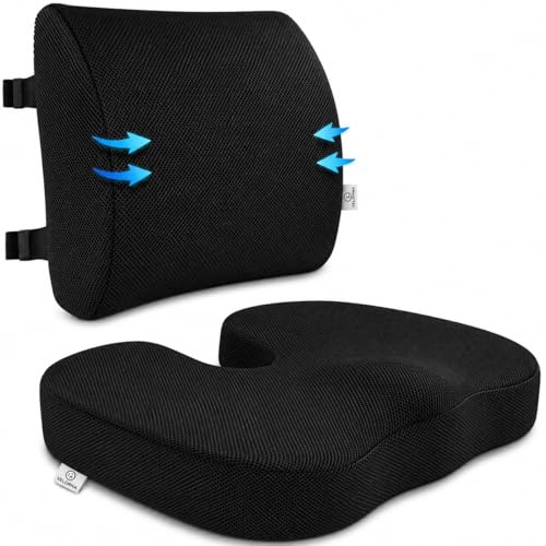 2-in-1 Memory Foam Seat Cushion & Lumbar Support Set | Office Chair Cushion for Back & Tailbone Relief | Non-Slip Coccyx Pad with Washable Cover & Adjustable Strap | For Office, Car & Gaming Chair