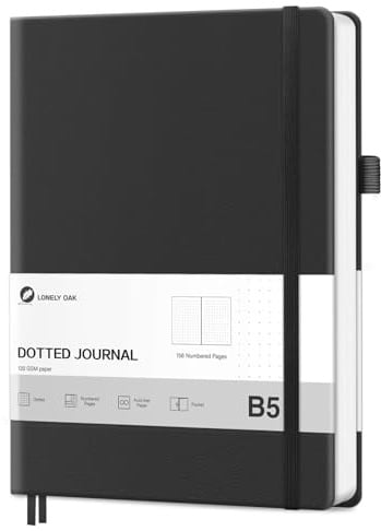 Lonely Oak Notizbuch B5 Dotted Hardcover, Bullet Dotted Journal 120g/m²Dickes Premium Säurefreies Papier, 156 Seiten Journal mit Gummiband & Innentasche, 19,3 x 25,4 cm (Schwarz)