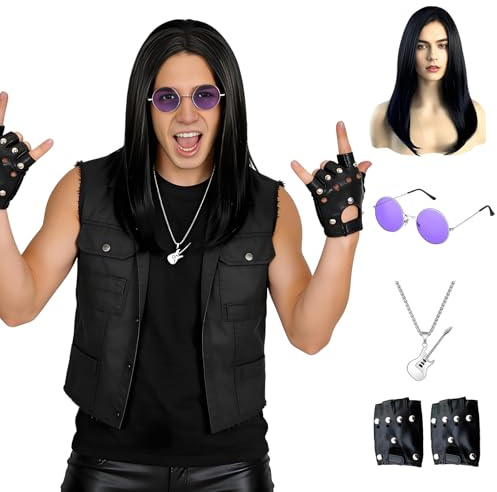Mprocen Rocker Herren Accessoires 4 Stück mit Perücke Handschuhe Sonnenbrille Gitarre Kette 70er 80er 90e Jahre Gothic Zubehör für Cosplay Party Karneval