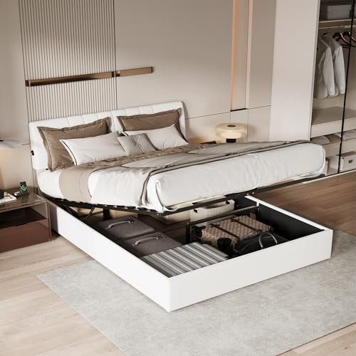 KOOPMAD Bett 160x200 mit Bettkasten, Polsterbett mit Stauraum, Doppelbett mit USB, Jugendbett 160x200 mit Höhenverstellbar Kopfteil, Hydraulisch Stauraumbett, Boxspringbett, Teddy Samt, Weiß