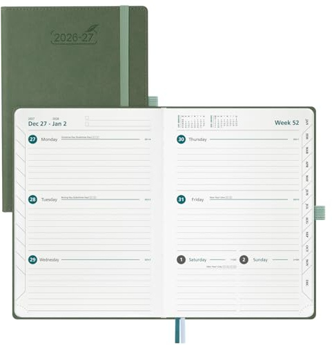 BEZEND A5 Academic Diary 2026-2027 Week to View Hardcover (Jul'26 - Dec'27) | Horizontal Weekly Planner with Monthly Tabs & Inner Pocket. Mid Year Appointment Diary for Work & Home. Vegan Leather, Olive