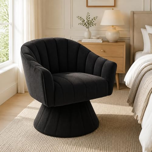 Ligterra 360° Grad Drehbare Akzentstühle, Drehstuhl, Sessel, Cordstoff, mit Sitz & Rückenpolsterung, Umschließenden Armlehnen Sowie, für Wohnzimmer, Schlafzimmer, Büro, 70×66×72cm (Schwarz)