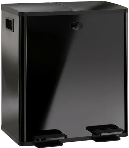 HOMCOM Poubelle Cuisine à Double Compartiment 2x20L Pédale Noir Brillant | Acier Inoxydable, Seaux Intérieurs Amovibles, Couvercle à Fermeture Douce, Maintien en Ouverture, Anti Traces