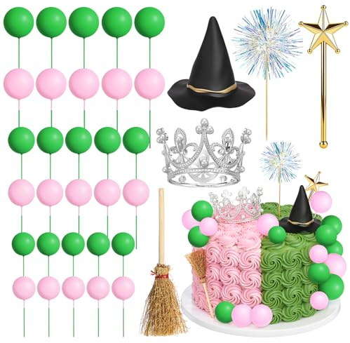 35PCS Witch Theme Cake Toppers Set, Witch Hat Cake Toppers with Crown Hat Broom Star Wand Pink Green Balls for Halloween Party, Magic Birthday, Wedding Dessert Decor Supplies