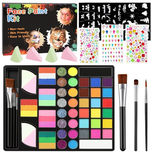 AYBUY Pintura Corporal y Facial, 43 Colors Pinturas Cara para Niños Lavable, Kit de Pintura Facial, 3 Cepillos+84 plantillas+3 pegatinas de gemas+4*Esponjas para Halloween Fiestas Cosplay Semana Santa