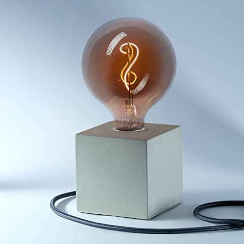 Betonlampe Grau, Quadratisch (19 Farben verfügbar), Nachttischlampe, Cube-Lampe, Harmonische Beleuchtung, Als LED Lampe für jeden Raum, Mit farbigem Textilkabel „Dunkelblau“