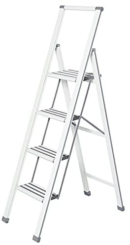 WENKO Leichte Aluminium Trittleiter mit 4 Stufen für 100 cm höheren Stand, rutschsichere XXL-Stufen, Design Klapptrittleiter, TÜV Süd Zertifiziert, 44 x 153 x 5,5 cm, Weiß