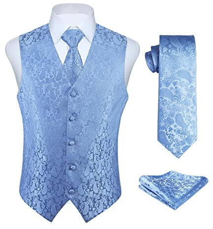 Enlision Gilet Costume bleu clair Homme Mariage Paisley Ensemble de Cravate et Pochette Jacquard Gilets sans Manche pour Fête XS