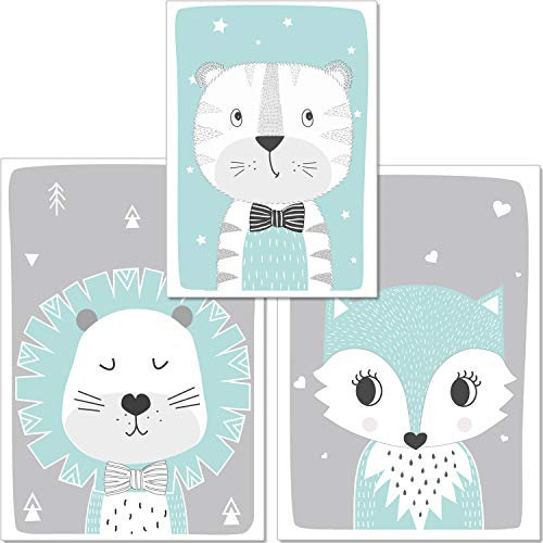 artpin® 3er-Set Poster Kinderzimmer - von Künstlerin - A4 Bilder im skandinavischen Stil - für Mädchen Junge - Löwe, Tiger, Fuchs, Mint (P17)