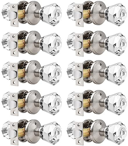 Orger Türgriffe für Privatsphäre, schlüssellos, mit Push-Pin-Schloss, facettierter Diamant-Glasknauf mit Satin-Nickel-Basis, 10 Stück