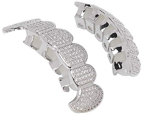 Grillz Zähne, Grillz Zahnspange Hip Hop Teeth Grill Set Microset Diamond Braces Vampire Zähne Grillz, Simulierte Diamant Top Bottom Teeth Grill Set für Mund obere und untere Zähne(Silber)