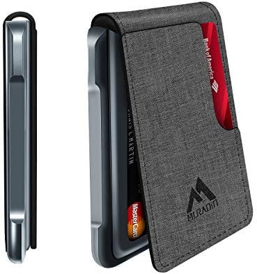 MURADIN Porte Cartes Mince en métal Anti-RFID-B, Porte Feuille Homme Tactique Minimaliste, Porte Carte Cuir Homme à Deux Volets pour Poche Frontale avec Pince à Billets (Gris)