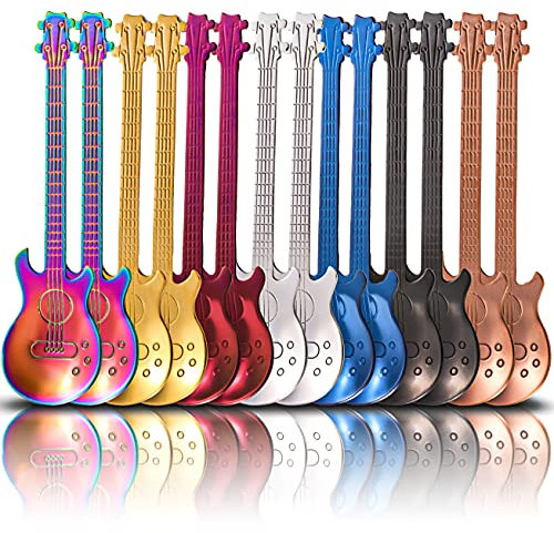 DEAYOU 14 Stück Gitarrenkaffeelöffel, 18/10 Edelstahl kleiner Löffel, 12 cm kreative Demitasse Espressolöffel für Dessert, Eis, Tee, Rühren, Mischen, (mehrfarbig)