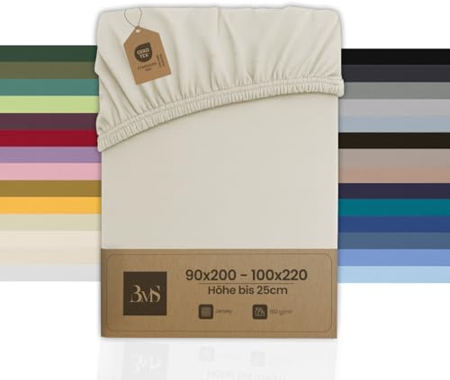 Bettwaesche-mit-Stil Spannbettlaken Jersey Spannlaken Spannbetttuch (90x200-100x200 cm, Matratzenhöhe bis 25cm, Natur) Gewicht: 180g/m², 90% Baumwolle 10% Elasthan