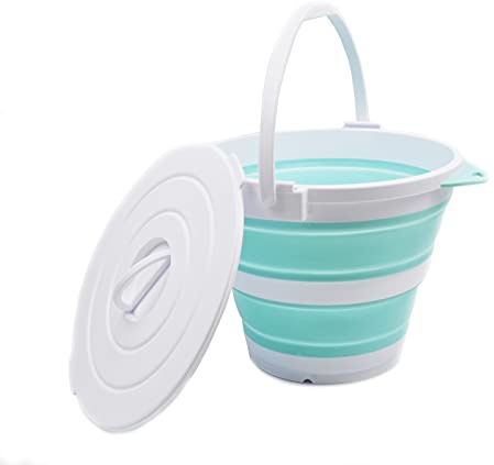 SAMMART 10L Collapsible Fishing Bucket with Locking Lid - Foldable Round Tub - Portable Plastic Water Pail - Space Saving Outdoor Waterpot (White/Lake Green)