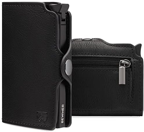 BEWMER Porta Carte di Credito 1 ZIP Schermato | Portafoglio Slim da Uomo e Donna | Porta Tessere e Documenti con Rfid Protection e Fermasoldi in Carbon Fiber (Nero con Zip)