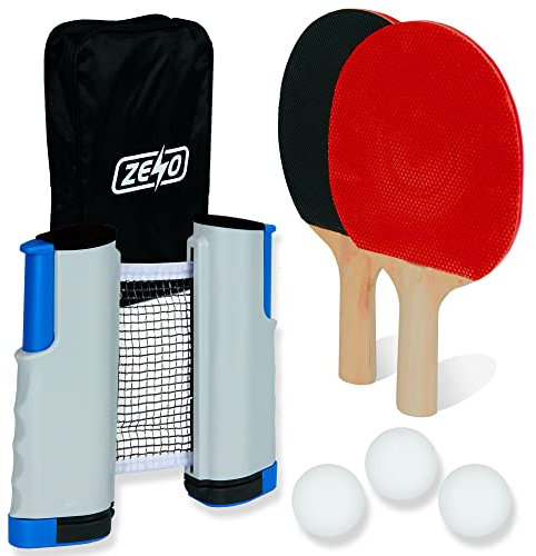 ZENO Portable Table Tennis Set | Ping Pong Set | 2 Premium Table Tennis Bats, All-in-One Kit with Retractable Table Tennis Net, 3 Ping Pong Balls & Storage Case | Great Gift Idea | Indoor/Outdoor Game