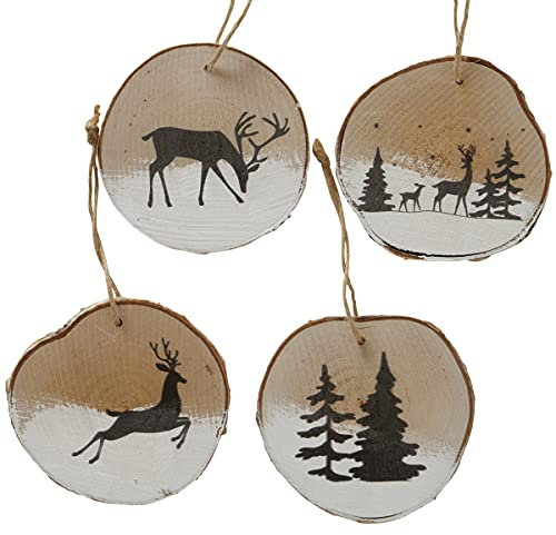 4 STK Holz HÄNGER Rund Holzscheiben Hirsche Rehe Schnee 7cm Vintage Nostalgie Christbaumschmuck 14cm groß Hänger Weihnachtsdeko Anhänger Weihnachtsbaumschmuck Dekohänger …