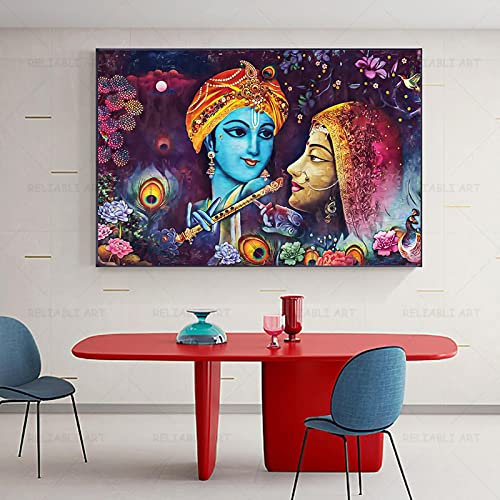 Radha Krishna Leinwand Gemälde Wandkunst Hindu Vishnu Poster Abstrakt Blau Indien Gott Bild für Wohnzimmer Wohnkultur 30x40cm Rahmenlos